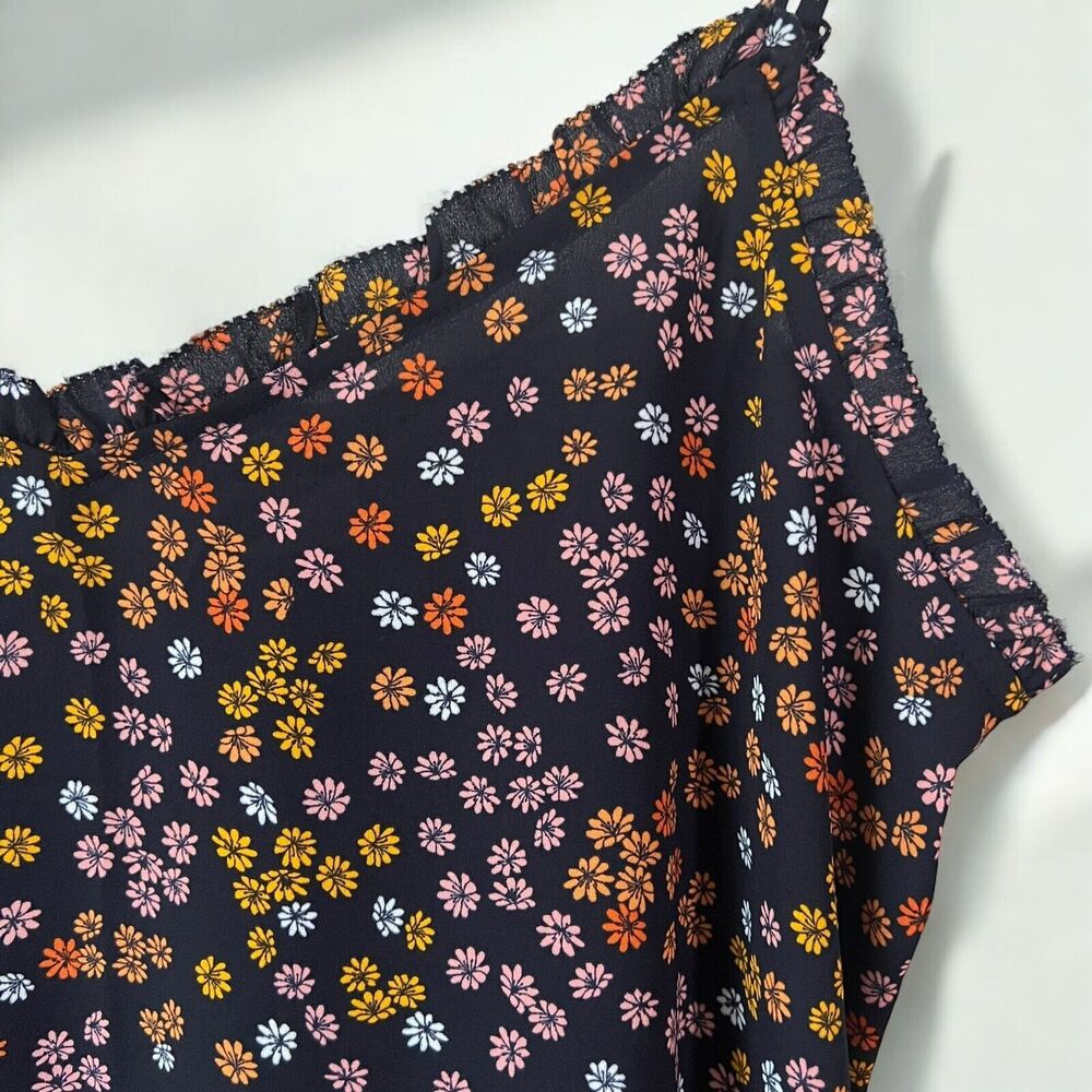 Loft Retro Floral Daisy Ruffle Adjustable Spaghetti Strap Navy Cami Size Small - Picture 5 of 11